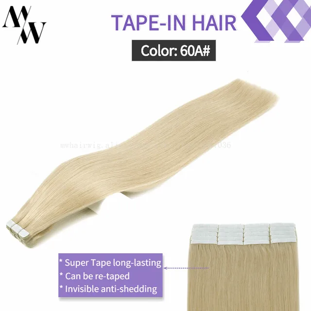 MW Double Drawn Remy Tape In Human Hair Extensions 100% Real Skin Weft Adhesive Glue On Seamless Natural Hair 16/20/24 Inches 60A
