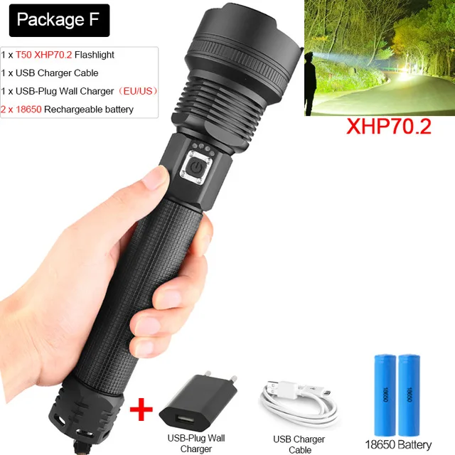 package F 100000LM светодиодный фонарик самый мощный XHP70.2 перезаряжаемый фонарь XHP50 USB фонарь с масштабированием XHP70 охотничья лампа для рыбалки 26650 - Испускаемый цвет: package F
