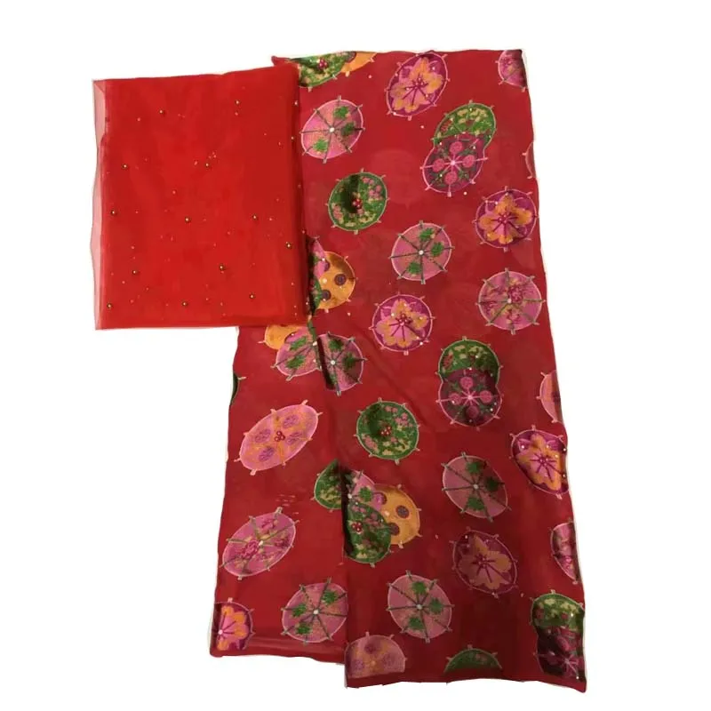 Красный цвет, настоящий шелк, новая мода, Африканский Анкара, шелк, соответствующие шифон, нигерийское праздничное платье, мягкая, горячая Распродажа