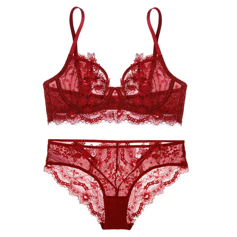 Red CINOON, новое нижнее белье, сексуальный комплект нижнего белья, женский бюстгальтер, пуш-ап, бюстгальтер с чашечками 3/4, комплект нижнего белья, кружевной бюстгальтер с вышивкой и трусики - Цвет: Red