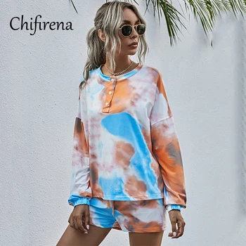

Chifirena Autumn Tie Dye Women Pajamas Homewear Long Sleeve Button Tops Drawstring Shorts 2 Piece Set Sleepwear Nightclothes