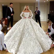 Кружевное бальное платье с открытыми плечами, свадебное платье, Роскошные свадебные платья с длинными рукавами в Дубае с перьями, Robe De Mariee