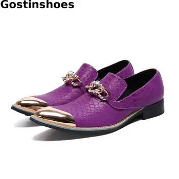 

Snakeskin Printed Genuine Leather Fashion Shoes Men Pointed Metal Captoe Men Casual Oxfords Shoes Slip On Leisure Single Shoes