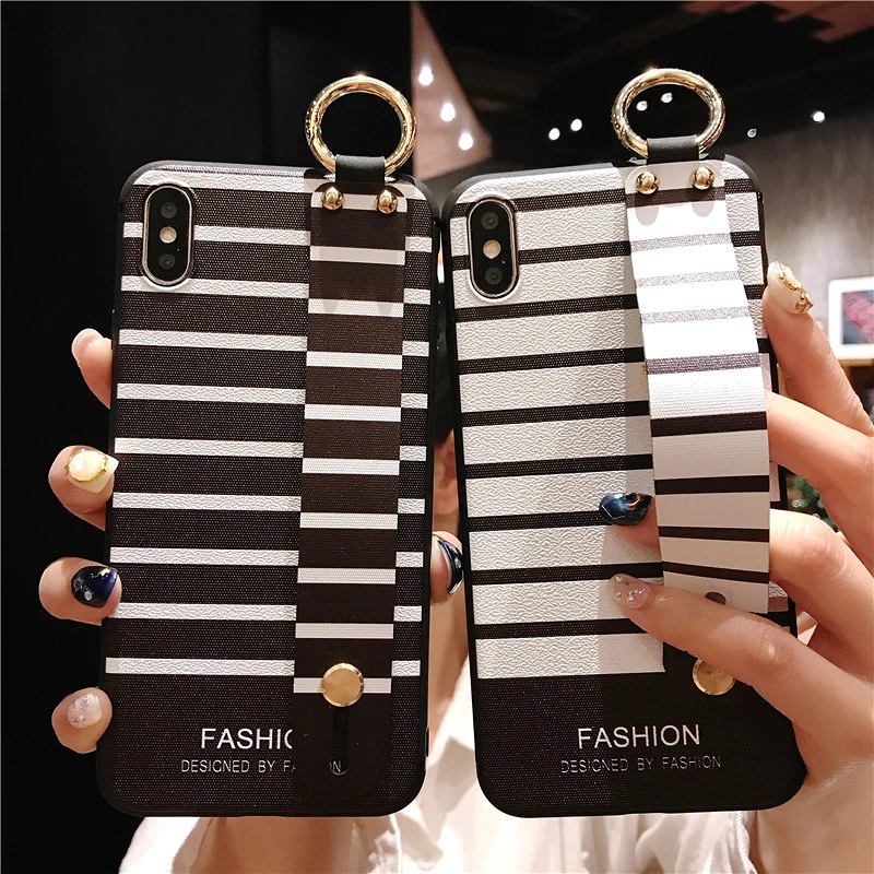 1 SoCouple Wrist Strap Phone Cases For iPhone Xs max For iPhone 7 8 6 6s Plus X XS XR Relief Stripe Pattern Soft TPU Back Cover