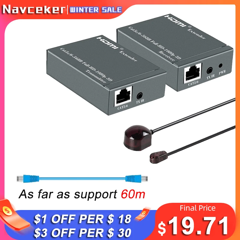Navceker Extender Hdmi Rj45 Hdmi Extender Cat5 60M Hdmi Extender Audio Kit Over Ethernet Cat6/5E Per Ps4 Apple Tv Pc Laptop Hdtv