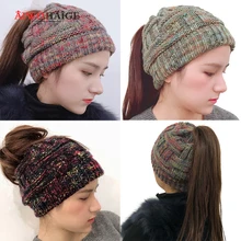 Шапка-бини с хвостом зимняя женская шапка Дамская девочка стрейч вязаная шапка грязная булочка Holey теплые шапки для женщин дропшиппинг