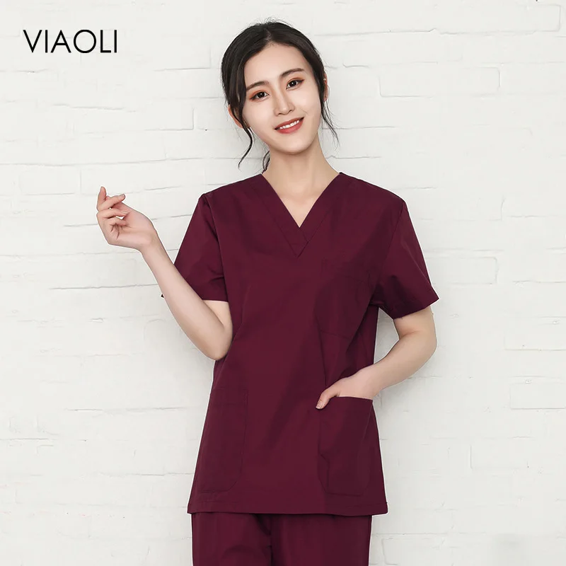 Solid color Cotton Medical Scrubs Surgery Nurse Uniform For Women Medical Clothing Shirt Beauty Salon Work Wear Nursing tops