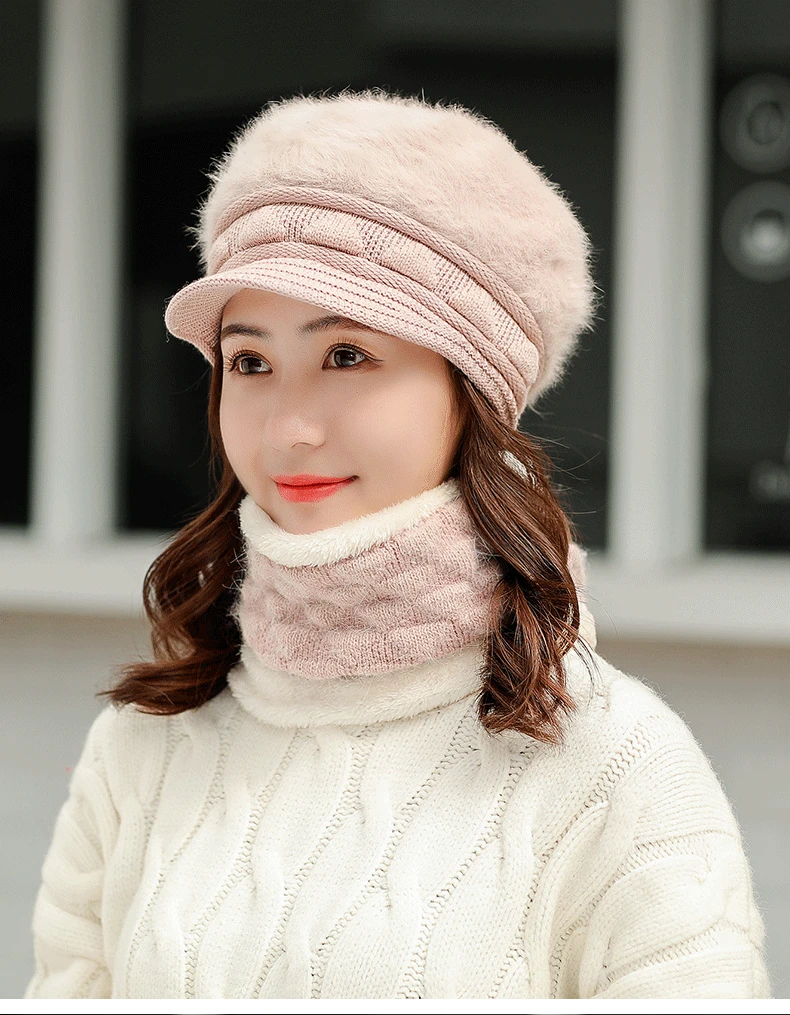 Осень зима искусственный мех кролика шапка набор Толстая теплая женская шапка шарф 2 шт наборы