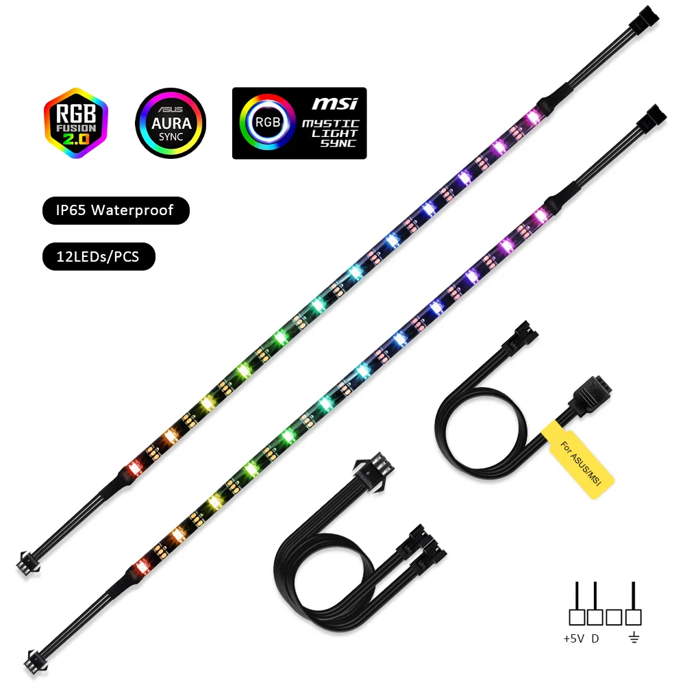 12LEDs x2PCS IP65 Адресуемая цифровая световая полоса WS2812b для ПК, MSI Mystic Light SYNC, ASUS Aura SYNC RGB 3 pin 5V добавить заголовок на материнской плате - Испускаемый цвет: 12LEDs x2PCS IP65
