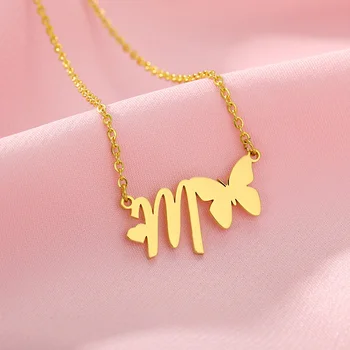 Cute A-Z Initial Letters Bow Necklaces Women Stainless Steel Gold Chain Chokers Letter Butterfly Necklace Jewelry Alphabet Gift