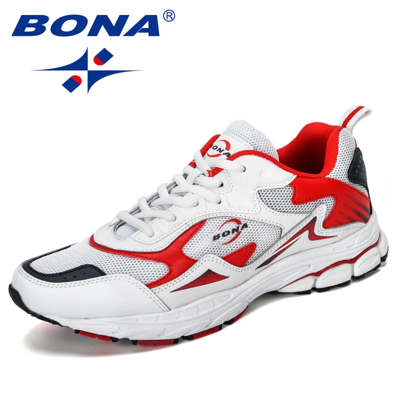 White deep blue red BONA/Новинка года; Дизайнерские мужские сетчатые кроссовки; Высококачественная Мужская Нескользящая Повседневная обувь; Уличная обувь для отдыха; Мужская удобная модная обувь - Цвет: White deep blue red