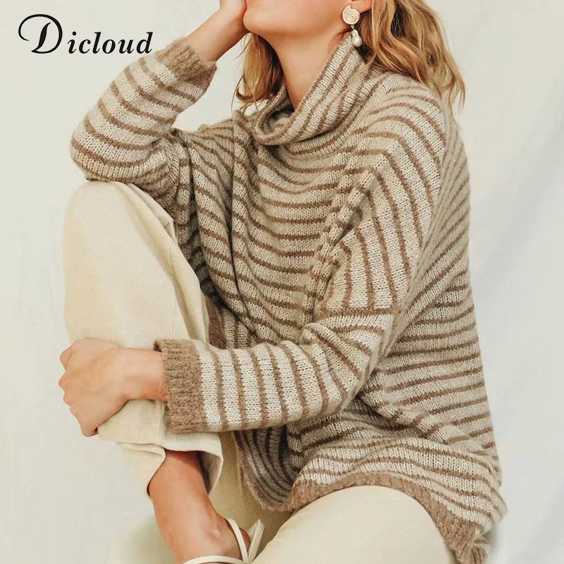 

DICLOUD Casual Long Turtleneck Sweater Women Mohair Knitted Long Sleeve Autumn Winter Striped Pullovers Loose Warm Jumper Female