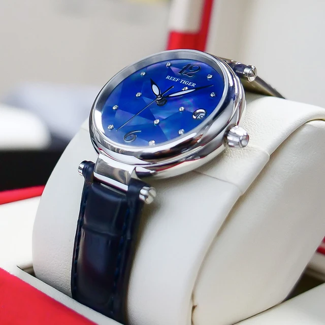 リーフタイガー/rt-女性用自動レザー腕時計,ダイヤモンド,ステンレス  