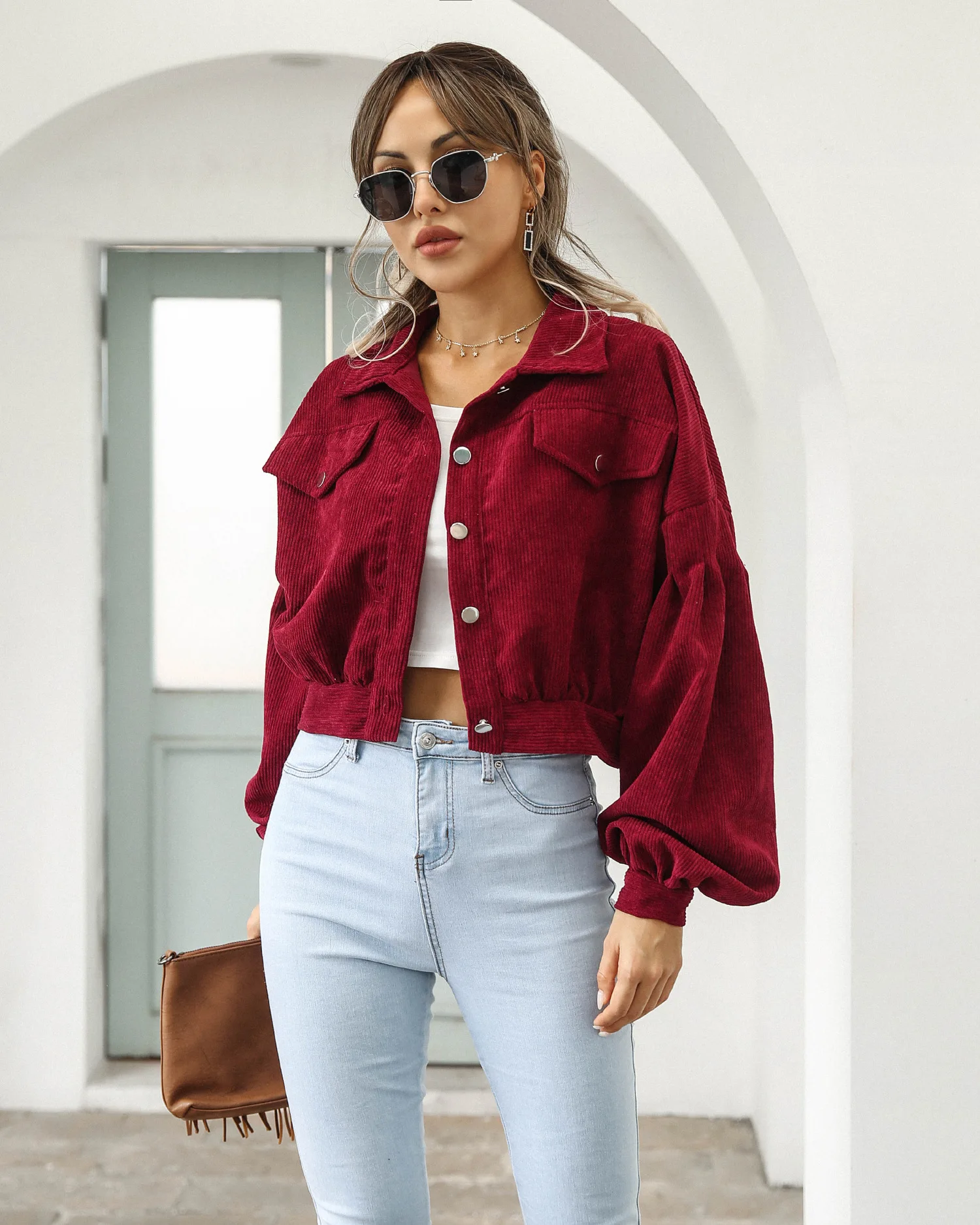 Fashion Women Corduroy Lantern Long Sleeves Lapel BF Style Jacket Fall Winter Elegant Solid Color New Loose Casual Short Jackets