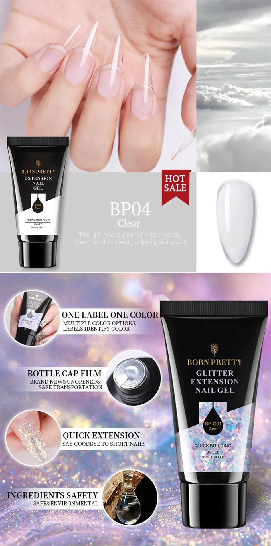 BORN PRETTY 30/20ml Glitter Acrylic Gel Finger Extension Silver Pink Extension Gel Soak Off Nail Art Gel Varnish