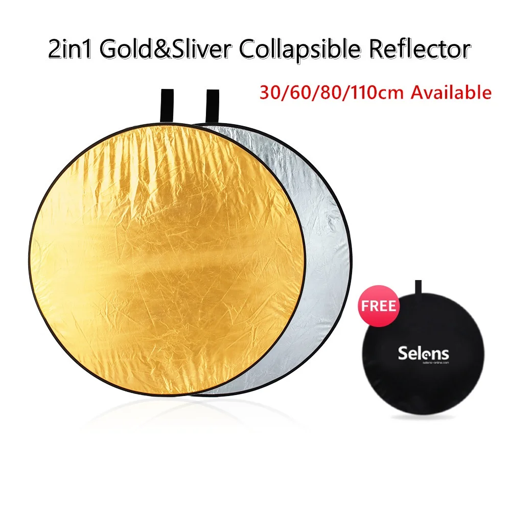 Selens 2 in 1 30/60/80/110 cm Reflector Portable Collapsible Disc Light Diffuser Gold Silver White for Selfie Photo Studio photography reflector macro photography diffuser