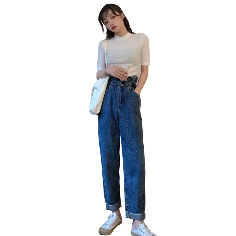 Vintage Ladies Boyfriend Jeans for Women High Waisted Blue Casual Streetwear Loose Denim Straight Pants Plus Size