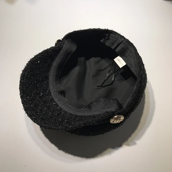 Autumn Winter Hats For Women Military Cap Shiny Wool Beret Cap British Style Flat Hats Black Vintage Captain Cap Casquette