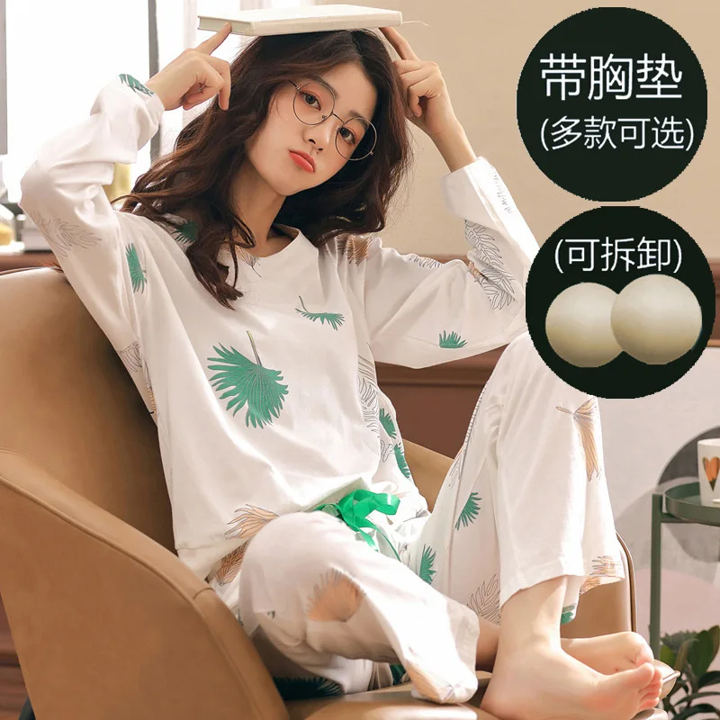 

(With Chest Pad) Pajamas Women's Thin Type for Spring And Autumn Long Sleeve Trousers Crew Neck Women's Japanese Korean Home Wea