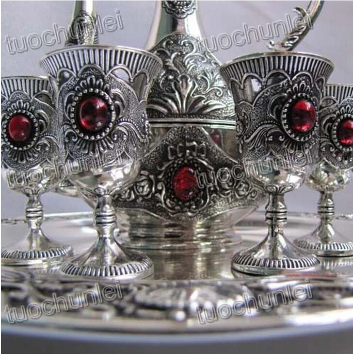 808 + тибетская Серебряная красная инкрустация камнями набор кувшин 4 шт Кубок и