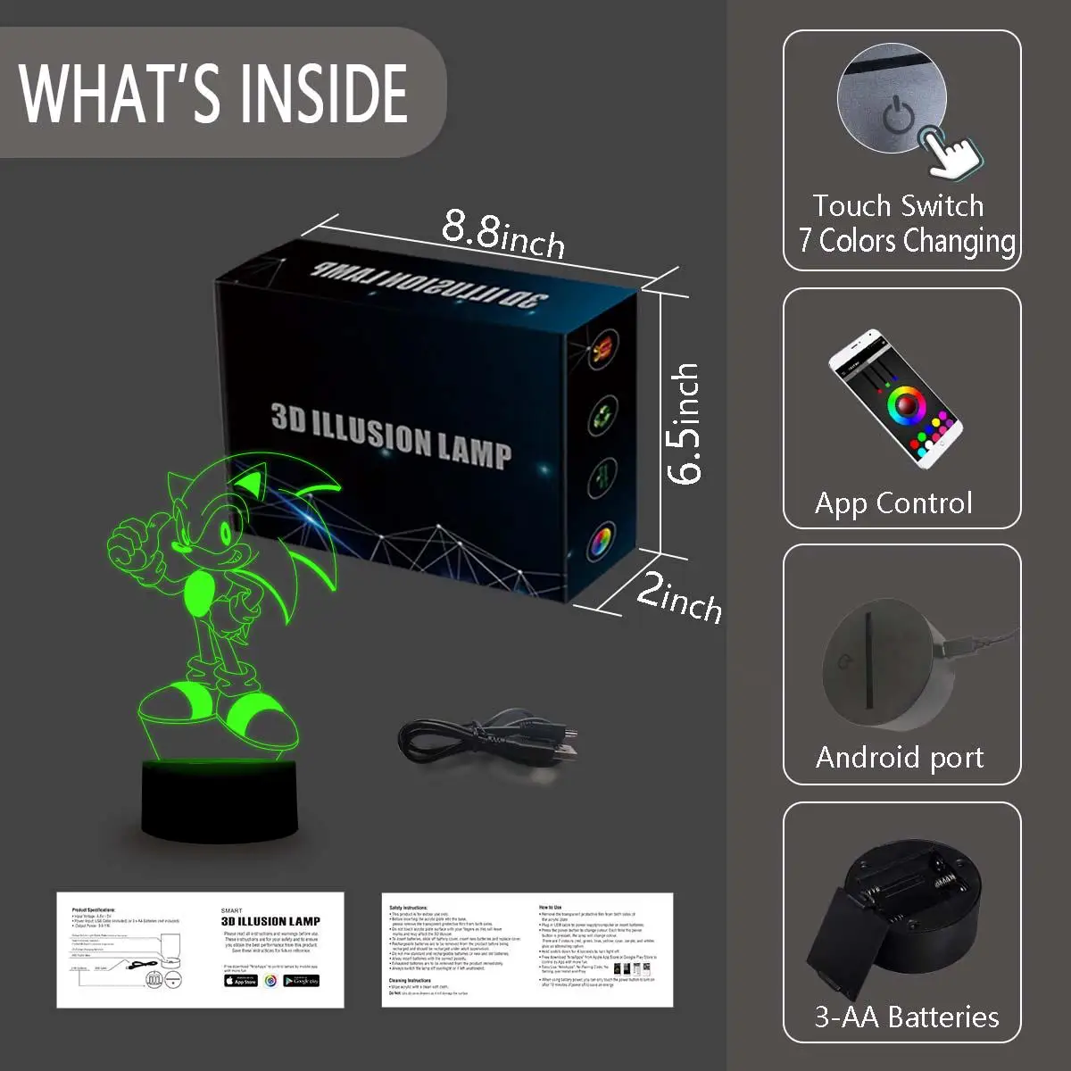 NiteApps 3D Соник Hedgedog ночник настольная Иллюзия украшение лампа подарок на день рождения приложение/сенсорное управление
