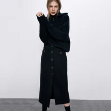 ZA Новая модная прямая юбка с текстурой, Женская облегающая юбка с карманами, однобортная юбка с разрезом, женские юбки до икры, горячая распродажа