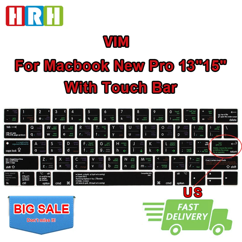 HRH VIM VI ярлыки Hotkey силиконовый чехол для клавиатуры защита кожи для Macbook Pro 1" A1706 A2159 15" A1707 с сенсорной панелью