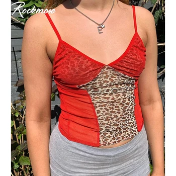

Rockmore Leopard Print Patchwork Summer Top Women Y2K Camis Skinny Casual Crop Tops Low Cut Sexy Nightclub Spaghetti Straps Cami