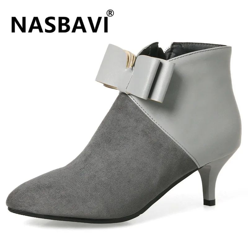 

NASBAVI 2019 new PU hot Autumn winter Fashion Women Boots High Heels fine heel Lace Up Leather bow Short Booties bare boot