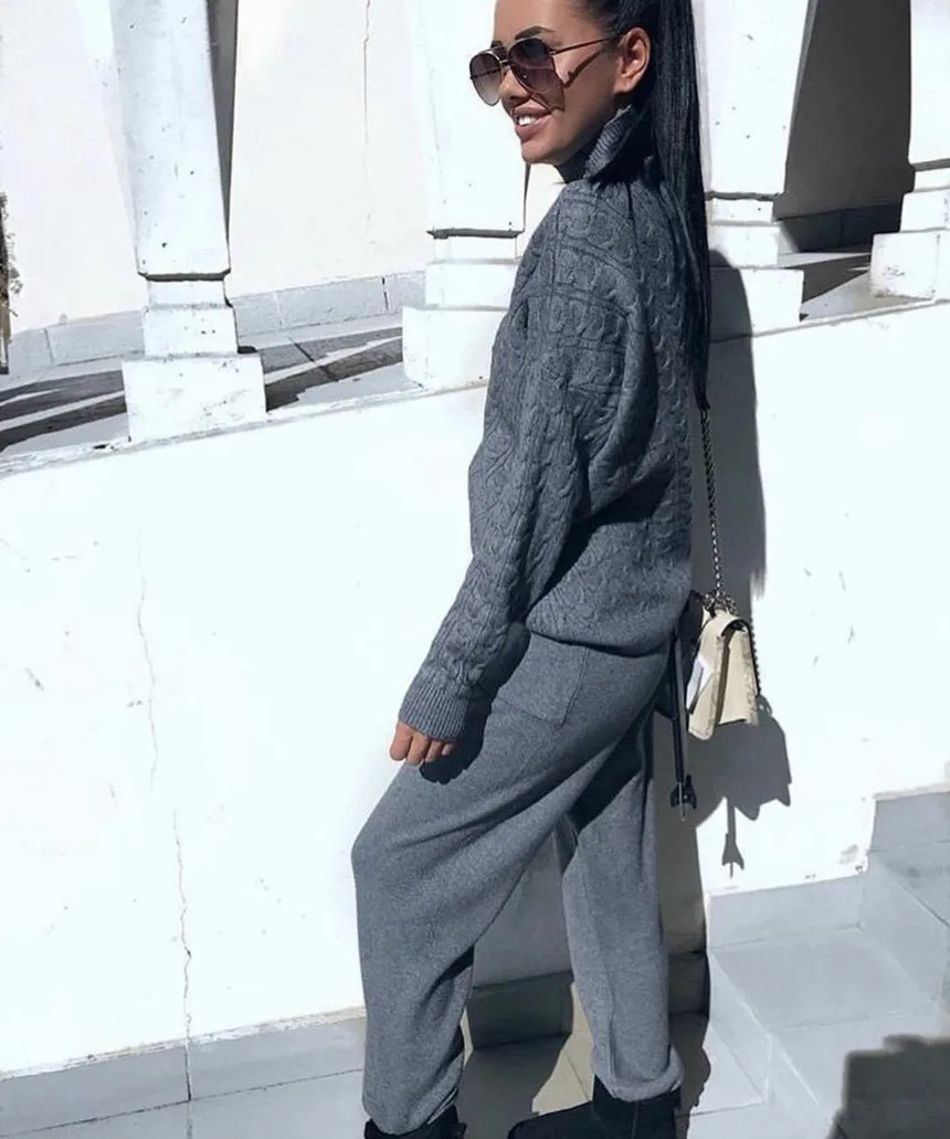 Online New Knitted 2 Pcs Set Turtleneck Pullover Sweatshirts Women Tracksuit Drawstring Pants Suits Warm Winter Casual Two Piece Sets