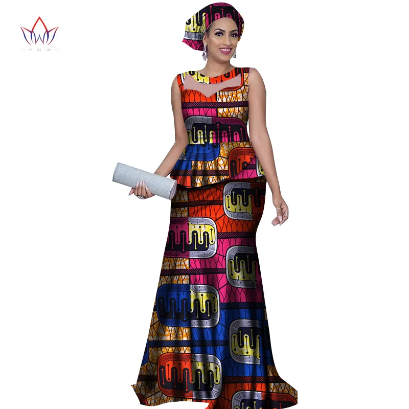 Women Top and Mermaid Skirt Sets with Headtie Bazin Riche African Print Dresses for Women 2 Pieces 