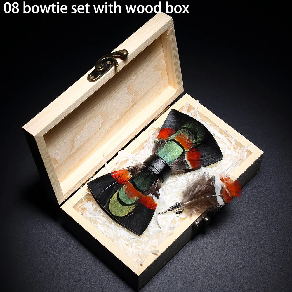 08 in Wooden Box RBOCOTT дизайн галстуки-бабочки галстук-бабочка с перьями изысканная ручная работа Мужская брошь для галстука-бабочки булавка деревянный подарочный набор для мужчин Свадебный - Цвет: 08 in Wooden Box