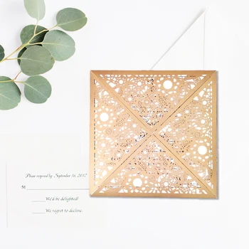 

50 Kits Rustic 160 * 160mm Gold Glitter Wedding Invitations Personalized Print Invites Cards with RSVP Cards and Envelopes Party