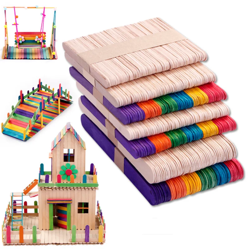 

DIY Wooden Stick Popsicle Ice Cream Sticks Colorful Hand Crafts Art Creative Educational Toys For Children Kids Baby 50Pcs/lot
