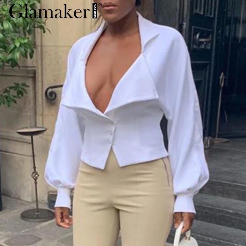 Женская вязаная блузка с отложным воротником Glamaker белая однотонная длинными