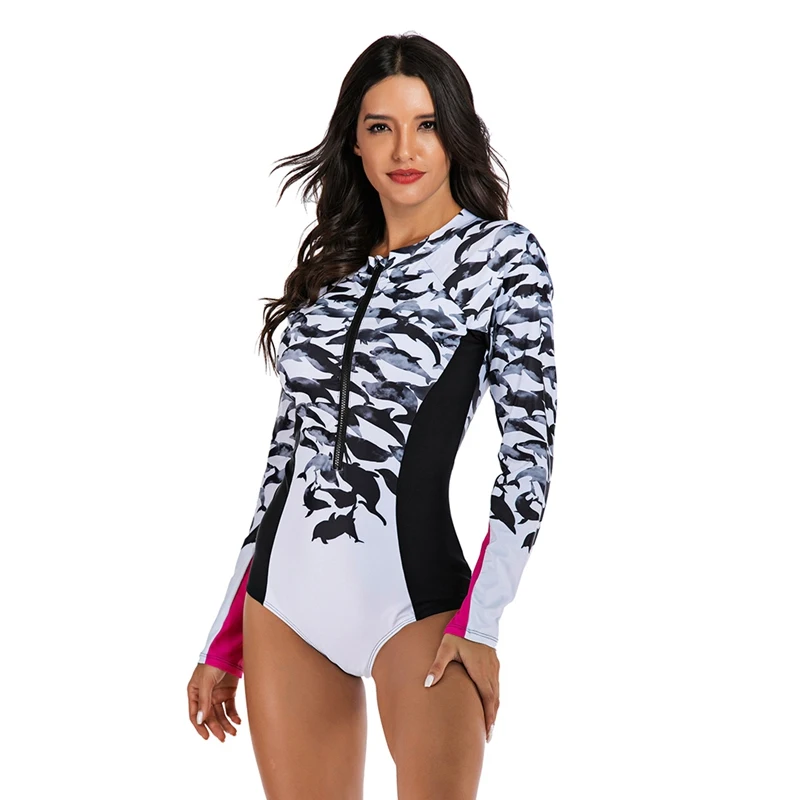 

Women Rash Guard Adult One-Piece Long Sleeve Animal Print Patchwork Zipper Quick Drying Swimsuit Hot Spring Diving Surfing Swimm