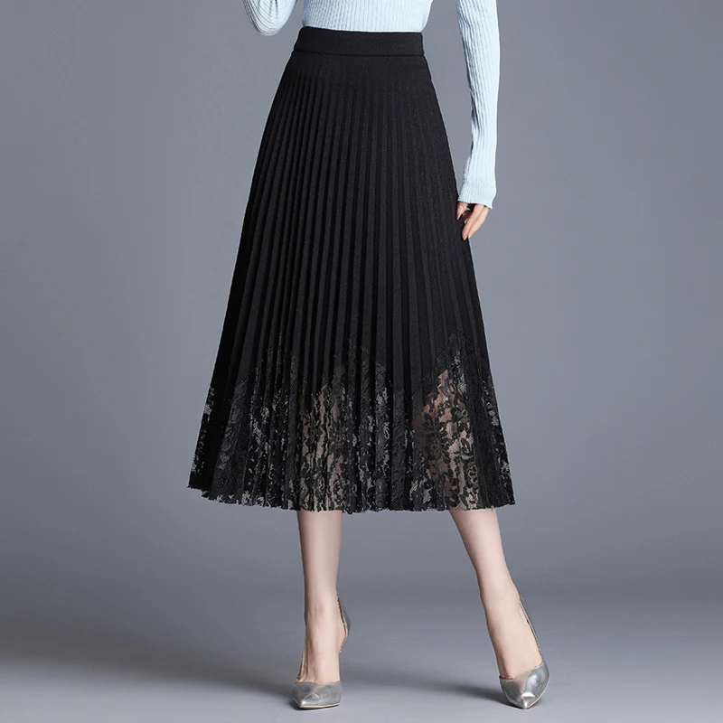 Осенняя и зимняя Корейская юбка, Черная кружевная плиссированная юбка с высокой талией, офисные элегантные длинные юбки для женщин