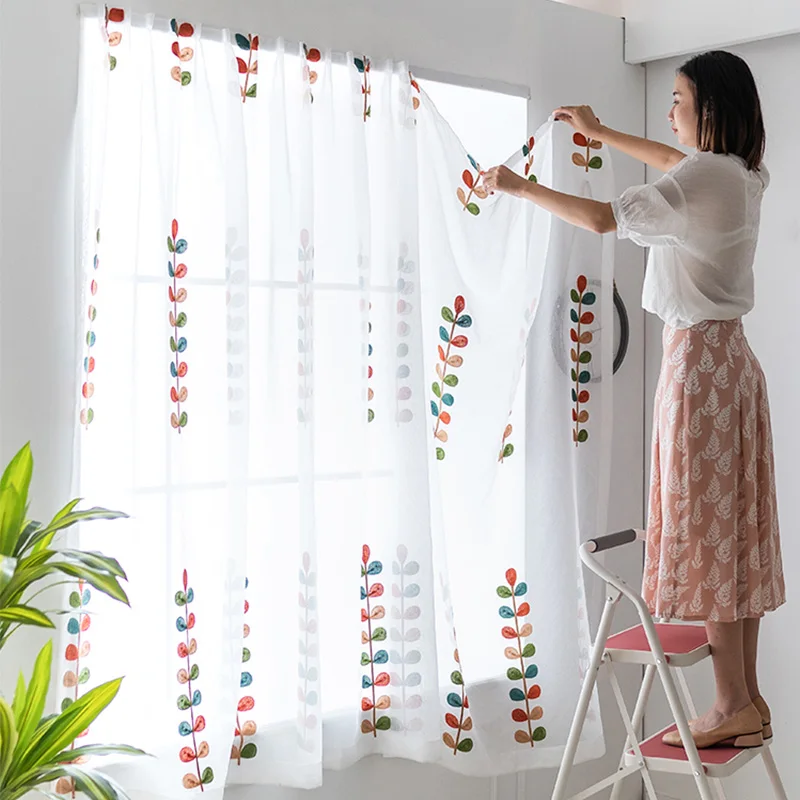 Punch Free Semi Sheer Curtains Velcro Self Adhesive Voile Embroidery