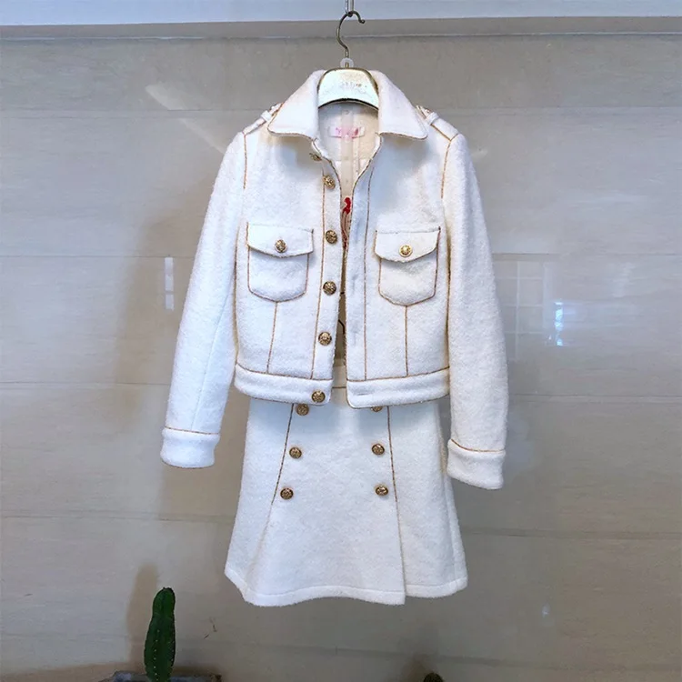 

Chic New Socialite Temperament Small Xiangfeng Woolen Coat Half Body Skirt Slim Fit Joker Two Piece Suit Female