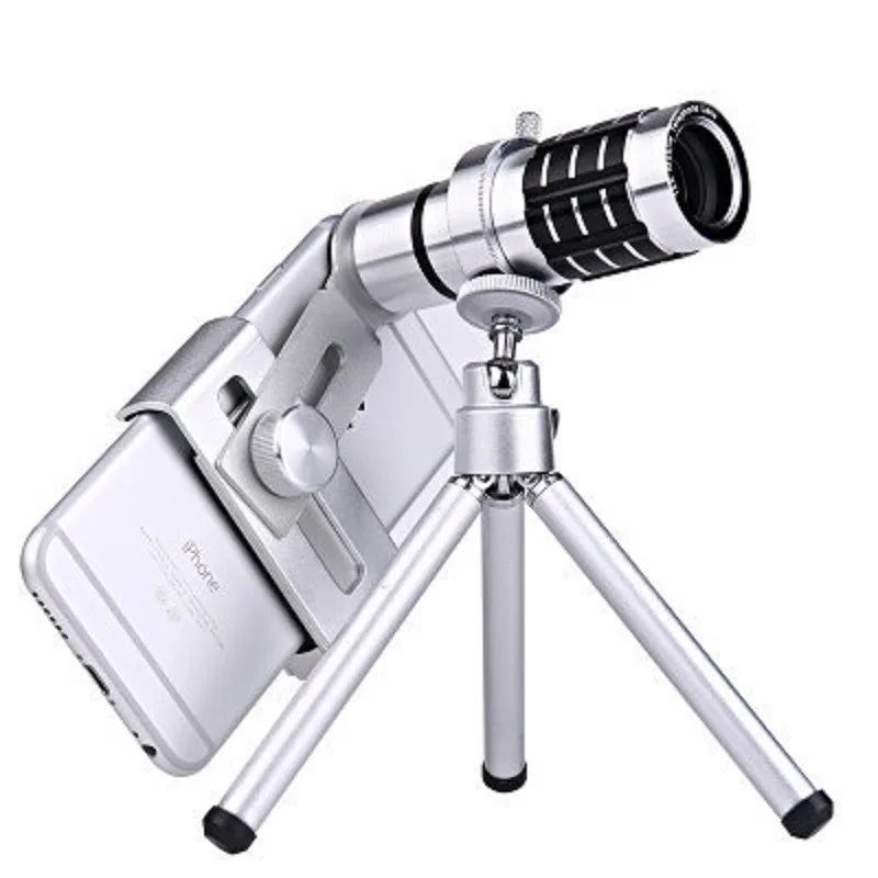Silver Monocular Binoculars 12x Zoom Monocular Telescope Outdoor Sports Mobile Support Telescope with Vision Watching Travelling