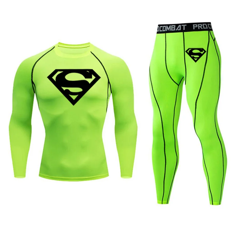 Мужское термобелье с суперменом, кальсоны, зимнее термобелье, базовый слой, Мужские Спортивные Компрессионные рубашки с длинным рукавом - Цвет: sets