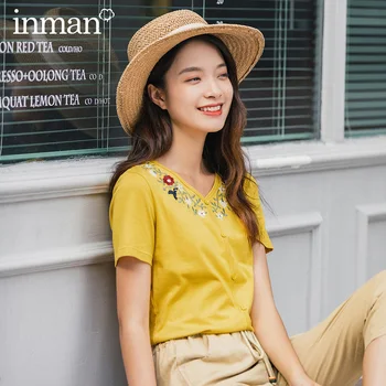 

INAMN 2020 Summer New Arrival V Neck Collar Artsy Style Embroidery Women Single Breasted Button Cotton T-Shirt