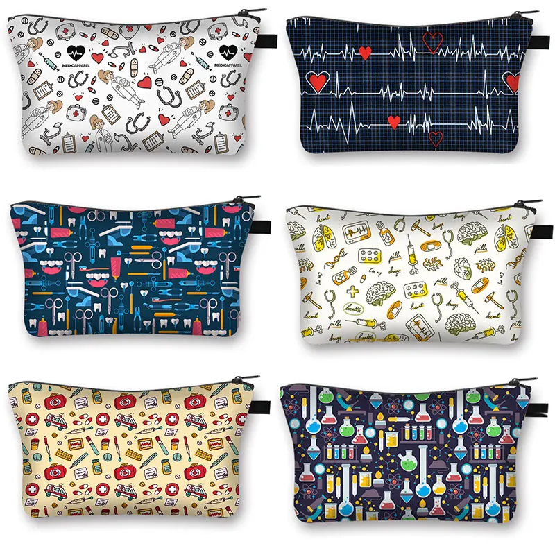 Cosmetic-Bag Nurse Electrocardiogram-Printing Fashion Girl Pills Lady