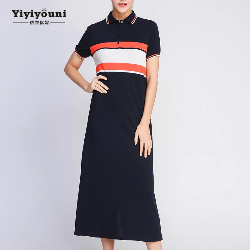 

Summer Casual Polo T-Shirt Dress Women 2019 Blue Elegant Straight Long Female Dress printing Mid-Calf Turn-Down Collar Dresses