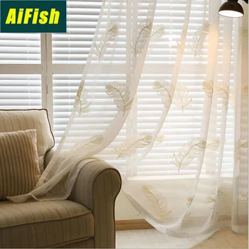 

White Embroidered Curtains Decorate The Balcony Living Room Feather Transparent Tulle Screens Bedroom Curtains wp345-4