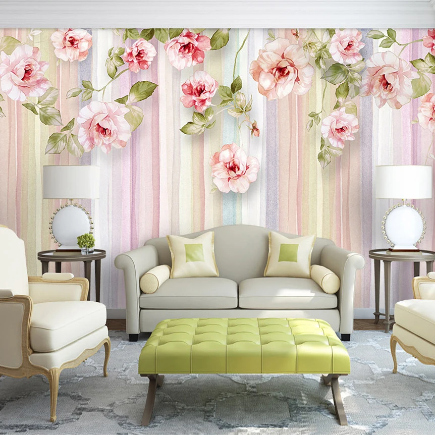 

Drop Shipping Custom 3D Photo Wallpaper European Style Rose Flower Bedroom Background Striped Wallpaper Mural De Parede 3D