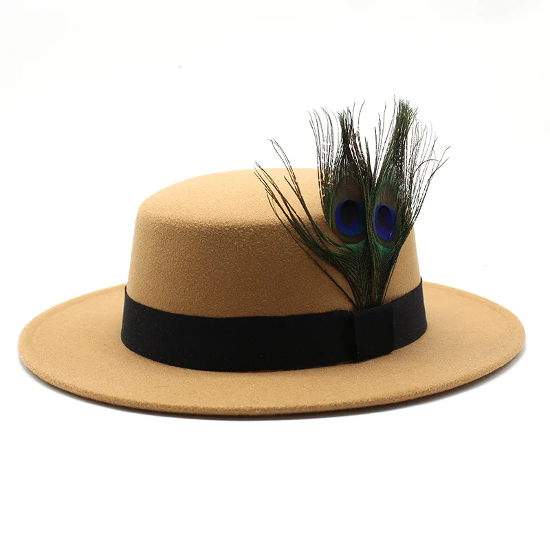 Red Fedora hat with peacock feathers in 
