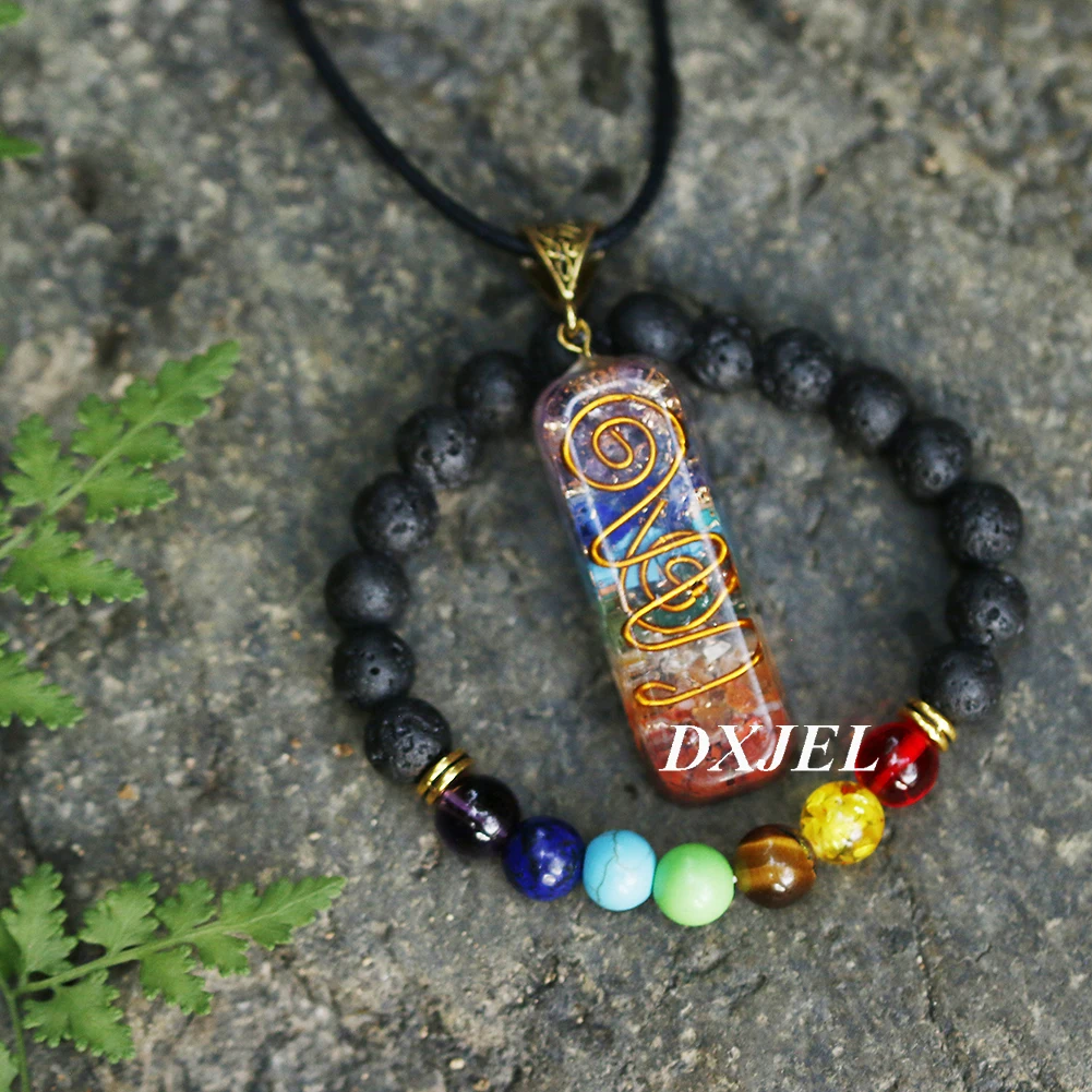 DXJEL 7 Chakra Orgone Energy Healing Pendant with Bracelet Rainbow Crystal Meditation Necklace Resin Jewelry For Women Men Gifts