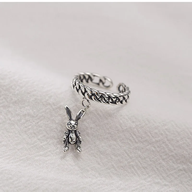

Vintage 925 Silver Jewelry Cute Animal Rabbit Bunny Ring Retro Chain Design Adjustable Chic Rings For Girl Lady Party Rings