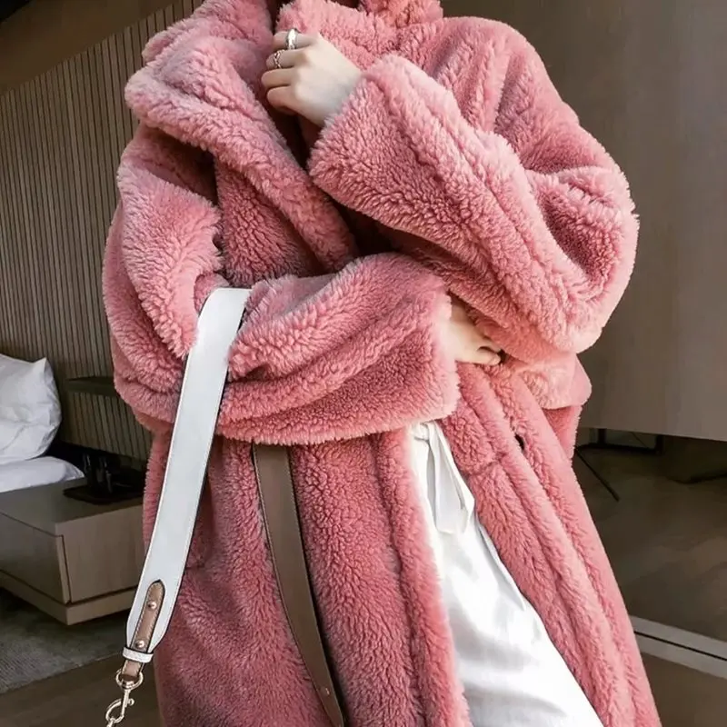 Winter Teddy Bear Long Coat Women Pink Overcoat Plus Size Fleece ...